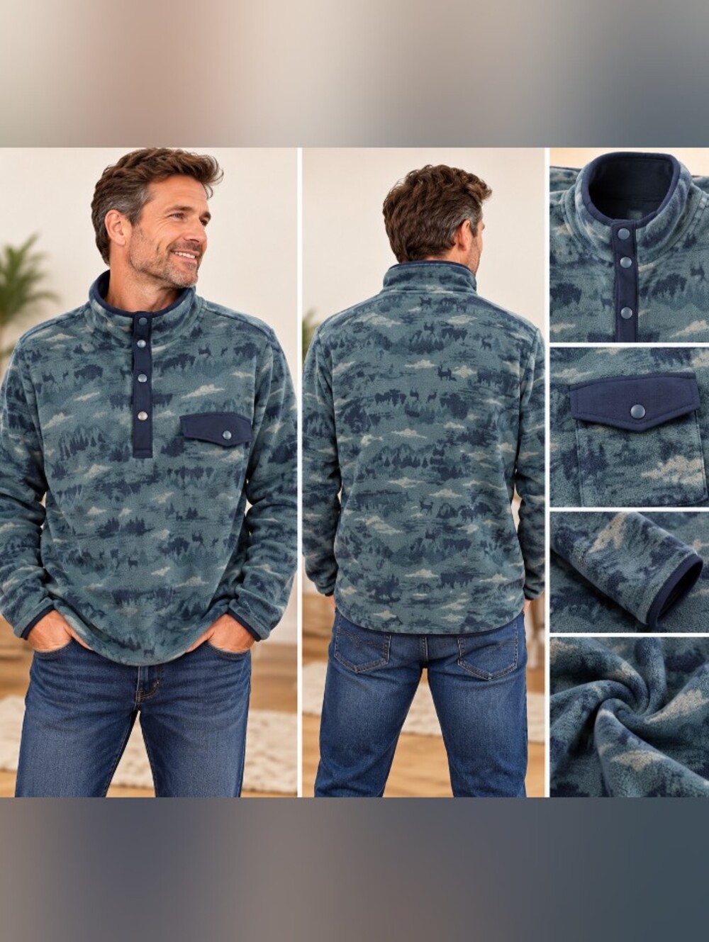 Men's Duluth Trading Co. 2XL Fleece Pullover Snap Mock Neck Outdoor Print